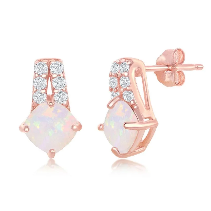 vintage ladies earrings-Sterling Silver Double Row CZ Four-Prong Diamond-Shaped White Opal Earrings - Rose Gold Plated