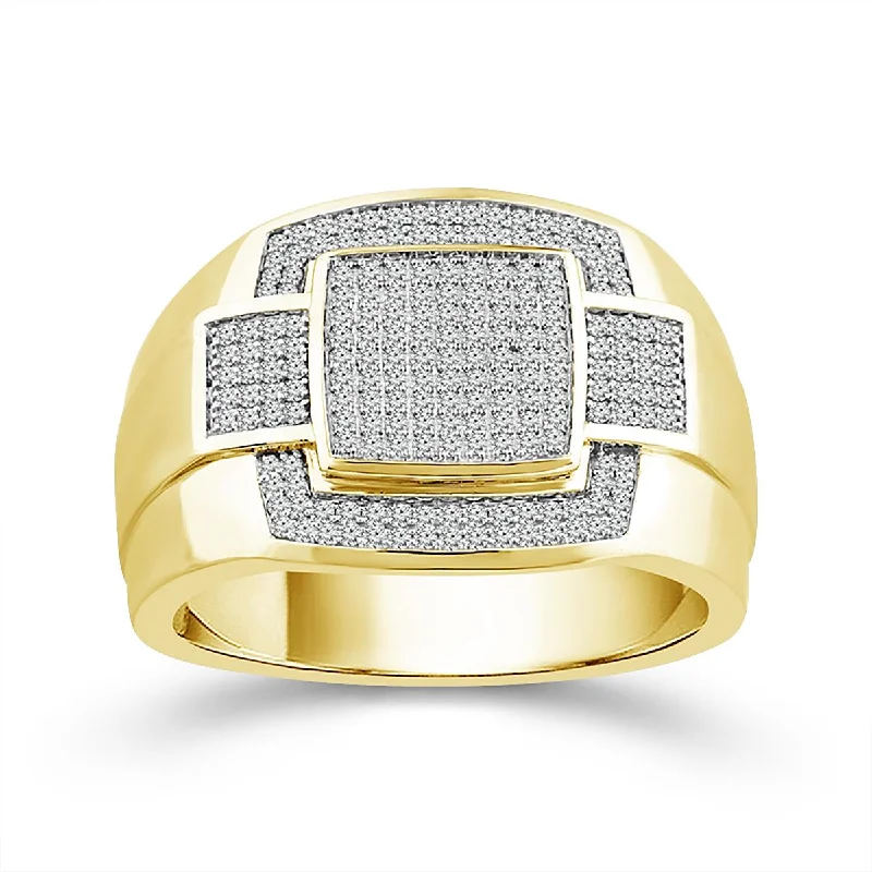 double shank ladies ring-MEN'S MODERN YELLOW GOLD FASHION RING WITH DIAMOND PAVE, 1/2 CT TW