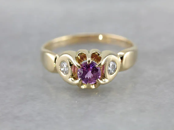 filigree engagement ring for women-Pretty Lilac Sapphire and Diamond Ring in Modern Belcher Style Setting