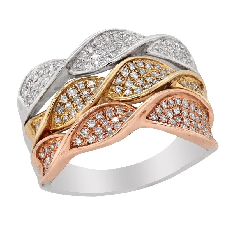 Celtic knot ladies ring-SLEEK TRI-TONE GOLD FASHION RING WITH 162 ROUND CUT DIAMONDS, .64 CT TW