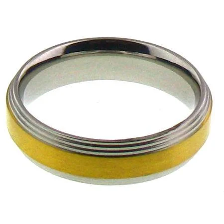 pear-shaped ladies ring-Gold Center Grooved Edge Stainless Steel Ring / GRJ0007