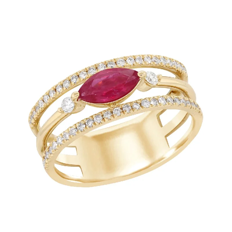 infinity band ladies ring-YELLOW GOLD FASHION RING WITH MARQUISE RUBY AND SIDE DIAMONDS, .16 CT TW