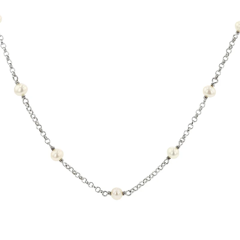 gold coin ladies necklace-Sterling Silver and Pearl 20-Inch Necklace