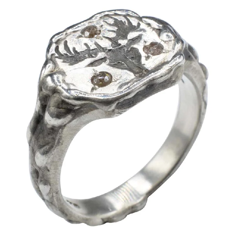 vintage ladies ring-Men’s Signet Ring Deer Head Diamond Brown Rose Cut Sterling Silver Ring