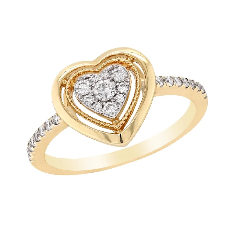 ultra-thin band ladies ring-YELLOW GOLD HEART SHAPED FASHION RING WITH DIAMONDS, .24 CT TW