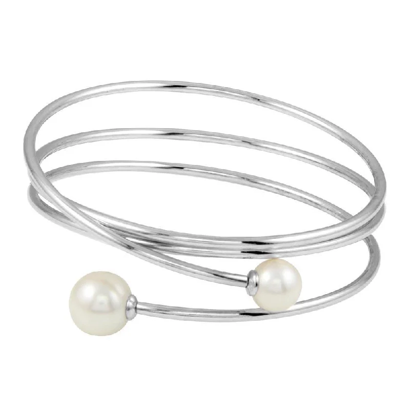 gemstone bead ladies bracelet-Rhodium Plated 925 Sterling Silver Quadruple Wrap with Imitation Pearl - ITB00218RH