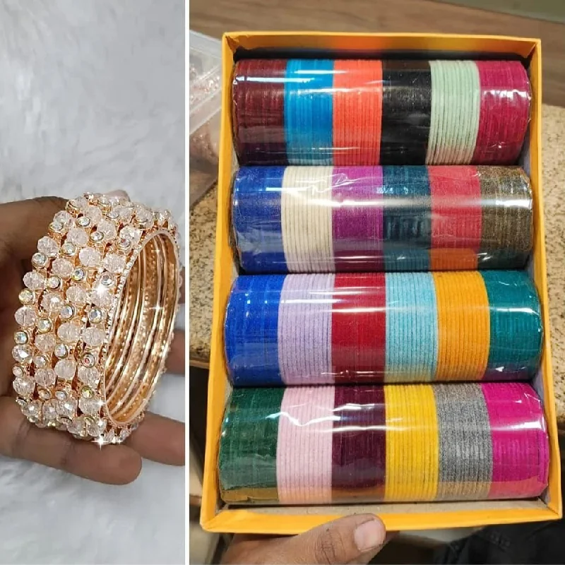 silver ladies bracelet-Pooja Bangles Rose Gold Plated Velvet And Pearl Bangles Set (Assorted Color )