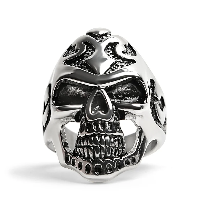 marquise-cut ladies ring-Detailed Skull Stainless Steel Ring / SCR3053