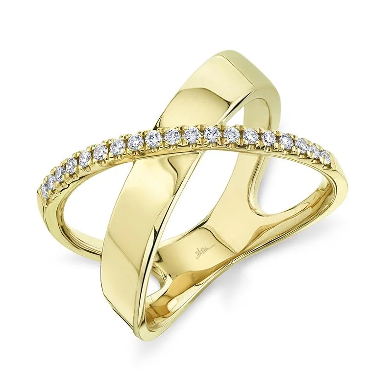 gemstone-accented ladies ring-YELLOW GOLD DIAMOND CRISS-CROSS RING, .19 CT TW