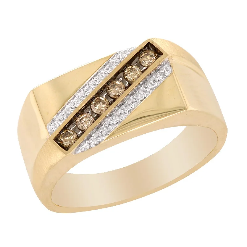 gold ladies ring-MEN'S YELLOW GOLD FASHION RING WITH 3 ROWS OF DIAMONDS, 1/4 CT TW