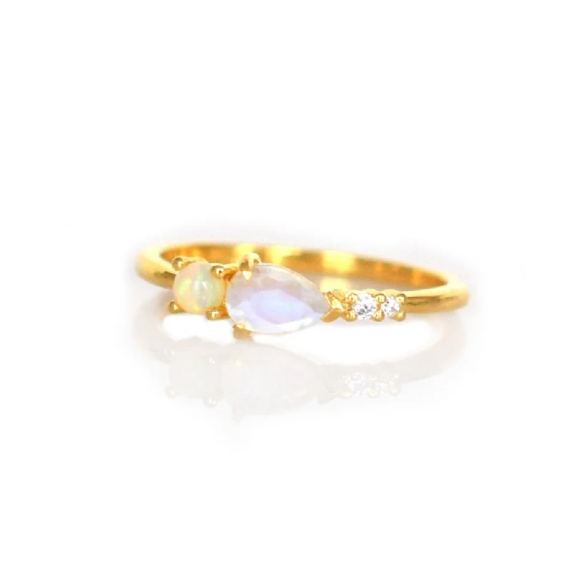 art deco ladies ring-Opal, Rainbow Moonstone and Diamond Elise Ring