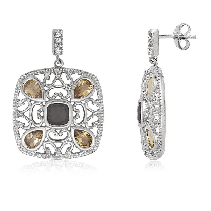 two-piece set ladies earrings-Sterling Silver Square with Smoky Quartz Earrings