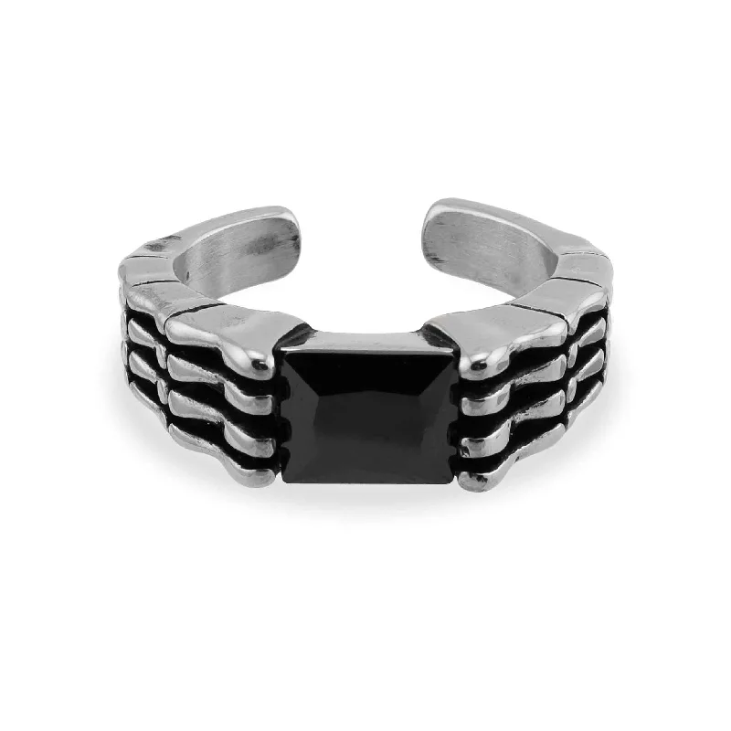 baroque-inspired ladies ring-Black Center Stone Stainless Steel Bones Ring / SCR3078