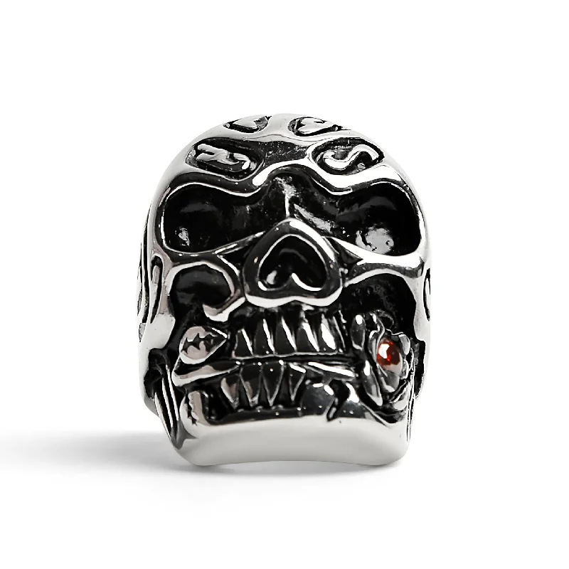 cushion-cut ladies ring-Stainless Steel Large Filigree Skull Biting Red CZ Rose Ring / SCR4000