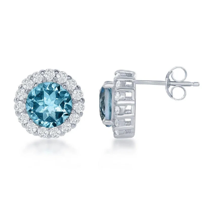 round-cut ladies earrings-Sterling Silver Round Center Blue Topaz with White Topaz Large Stud Earrings