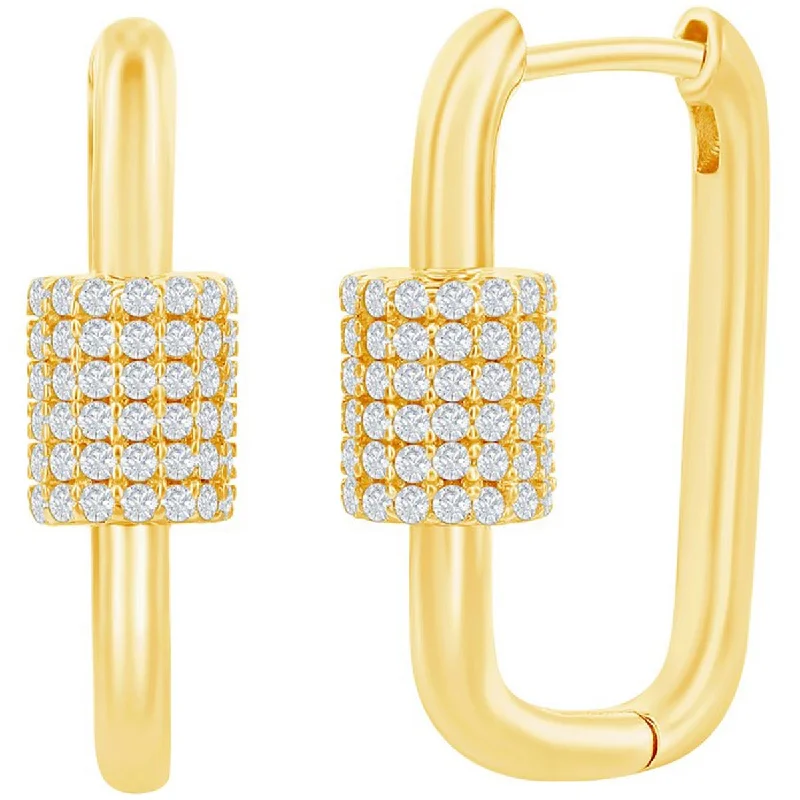 silver ladies earrings-Classic Women's Earrings - Gold Micro Pave CZ Oval Carabiner Paperclip | D-7974-GP