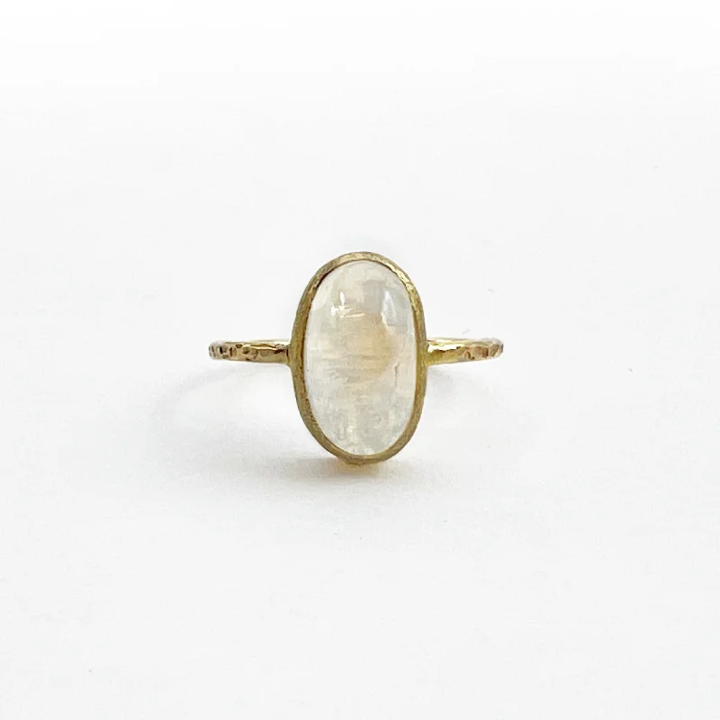 deep blue sapphire ladies ring-Golden Oval Moonstone Hammered Ring