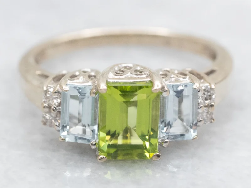 celestial sun and moon engagement ring for women-White Gold Peridot, Aquamarine, and Diamond Ring