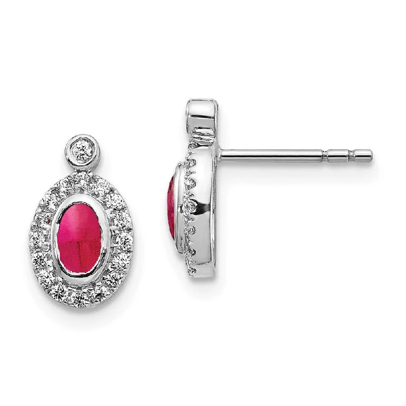 feather motif ladies earrings-14k White Gold Diamond & Cabochon Ruby Earrings