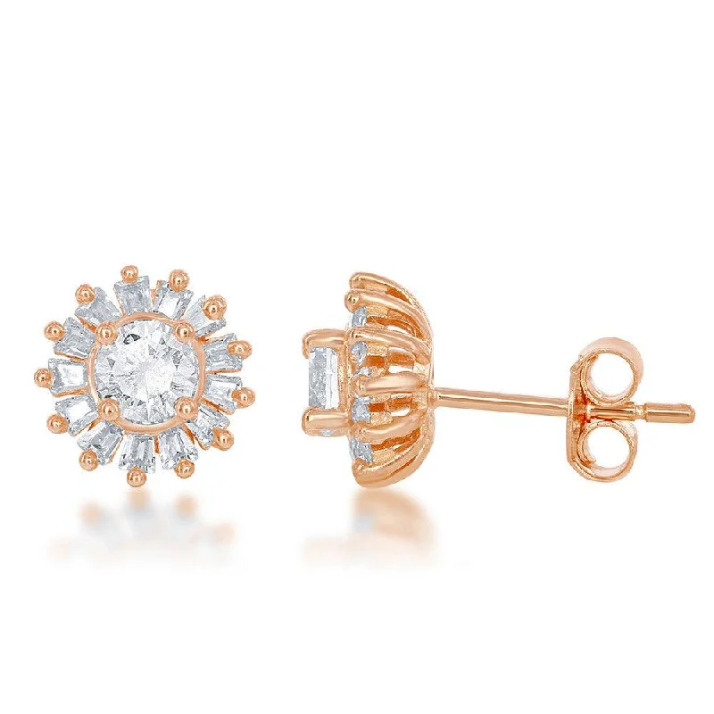 sunburst ladies earrings-Sterling Silver Rose Small Round CZ with Baguette Border Stud Earrings