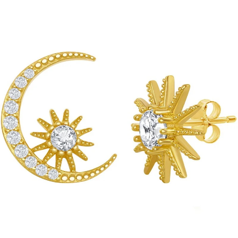 antique filigree ladies earrings-Classic Women's Earrings - Gold Plated Sun and Moon CZ Stud Post Back Closure | D-7825