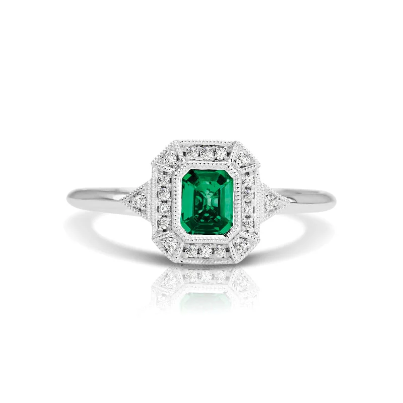 filigree engagement ring for women-14K White Gold Emerald and Diamond Ring