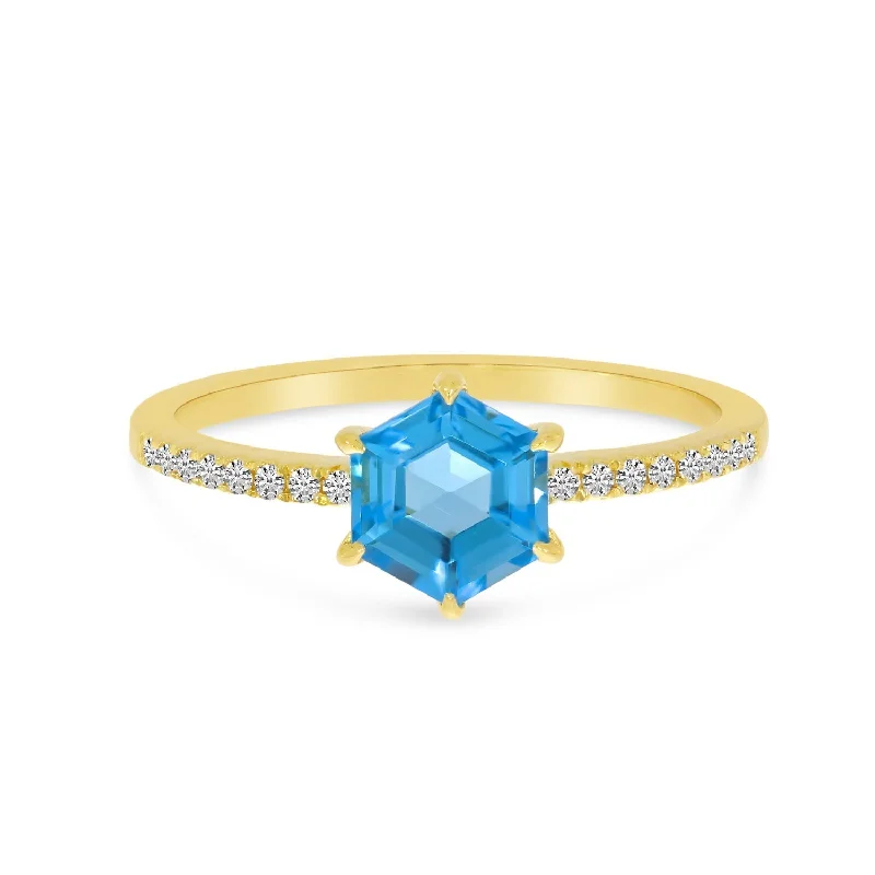 petite engagement ring for women-HEXAGON BLUE TOPAZ & DIAMOND RING RM4408-12