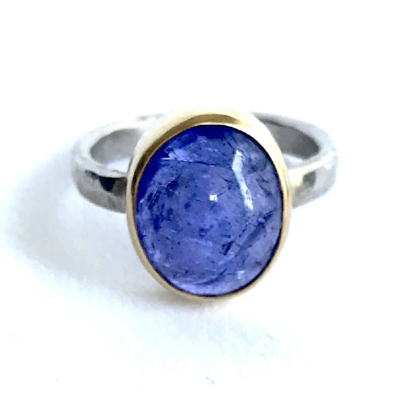 birthstone ladies ring-Large Oval Tanzanite Ring in 14K Yellow Gold and Sterling Silver