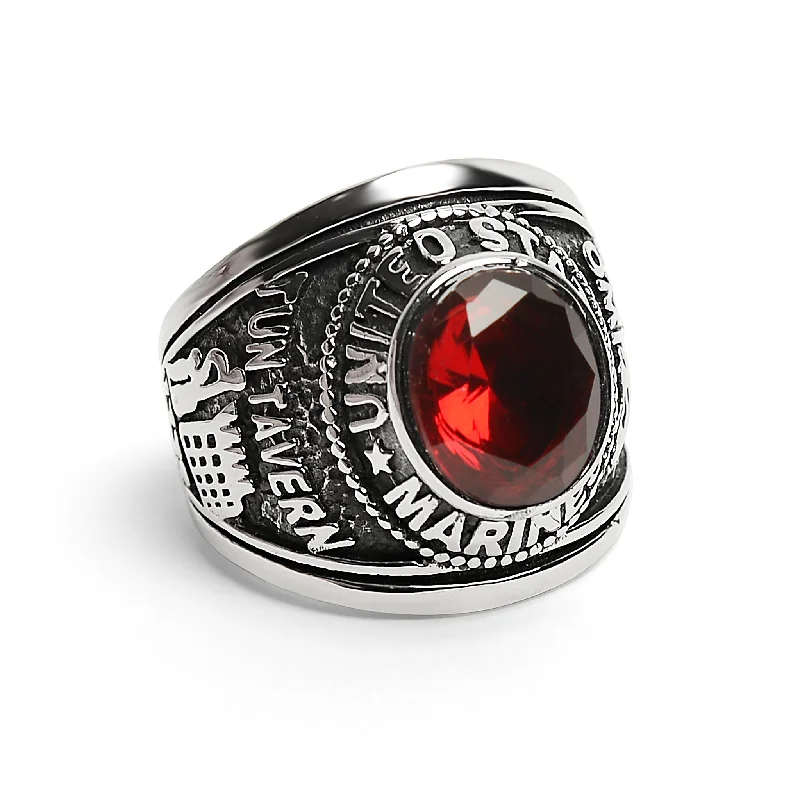 nature-inspired ladies ring-United States Marine Corp Military Stainless Steel Men's Ring with Red Stone / MCR4046