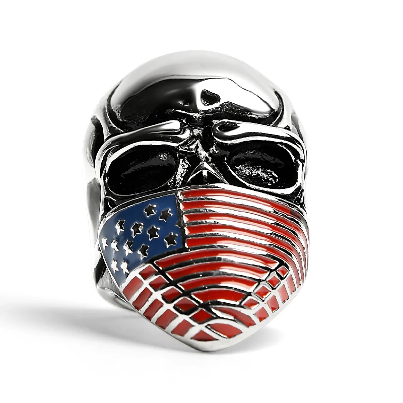 tension set ladies ring-Stainless Steel USA American Flag Covered Skull Ring / SCR4105