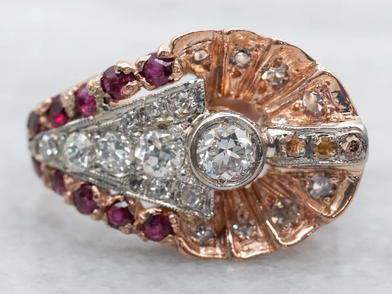 handcrafted bohemian engagement ring for women-Mixed Metal Rose Gold and Platinum European Cut Diamond Ring with Ruby, Diamond, and Orange Diamond Accents