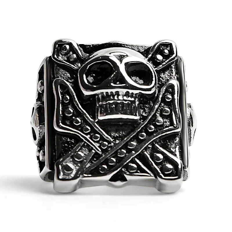 antique finish ladies ring-Stainless Steel Polished Studded Skull Signet Ring / SCR3035