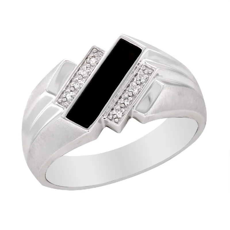 fancy-cut gemstone ladies ring-MEN'S WHITE GOLD FASHION RING WITH BLACK ONYX AND DIAMONDS, .025 CT TW