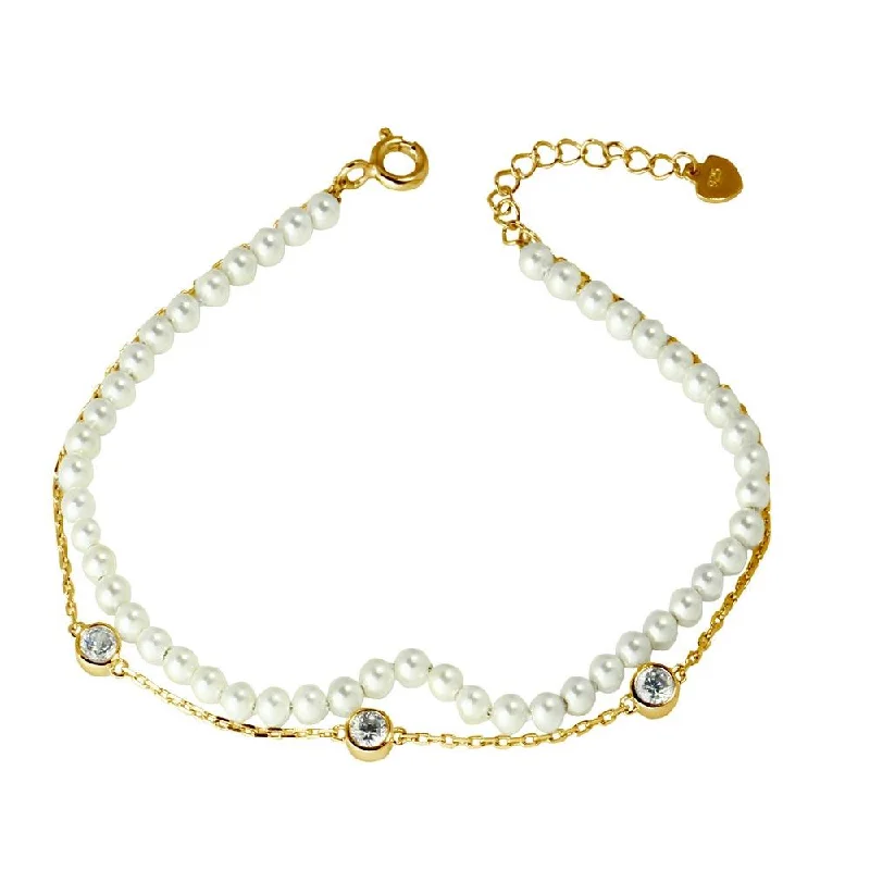 engraved zodiac ladies bracelet-Gold Plated 925 Sterling Silver Double Strand Synthetic Pearl with CZ - GMB00054GP