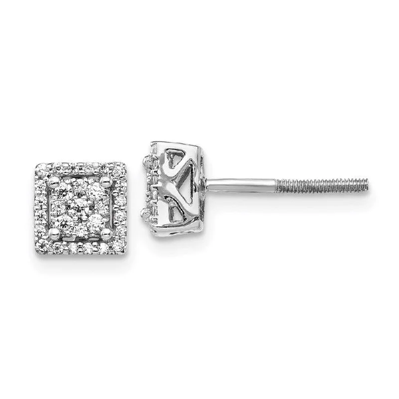 heart-shaped ladies earrings-14k White Gold Diamond Square Screw Back Post Earrings