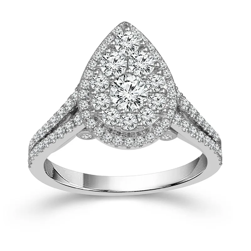 triple-stone vintage ladies ring-WHITE GOLD STATEMENT RING WITH PEAR SHAPED CLUSTER AND DIAMOND HALO, 1 1/4 CT TW