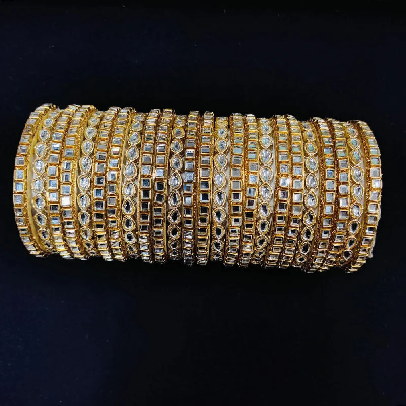 baroque pearl ladies bracelet-Pooja Bangles Gold Plated Kundan Stone And Mirror Bangles Set