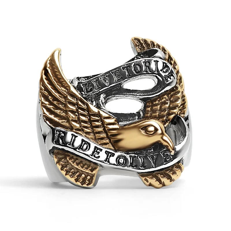 halo ladies ring-Stainless Steel 18K Gold PVD Coated "Live To Ride" "Ride To Live" Eagle Biker Ring / SCR3086