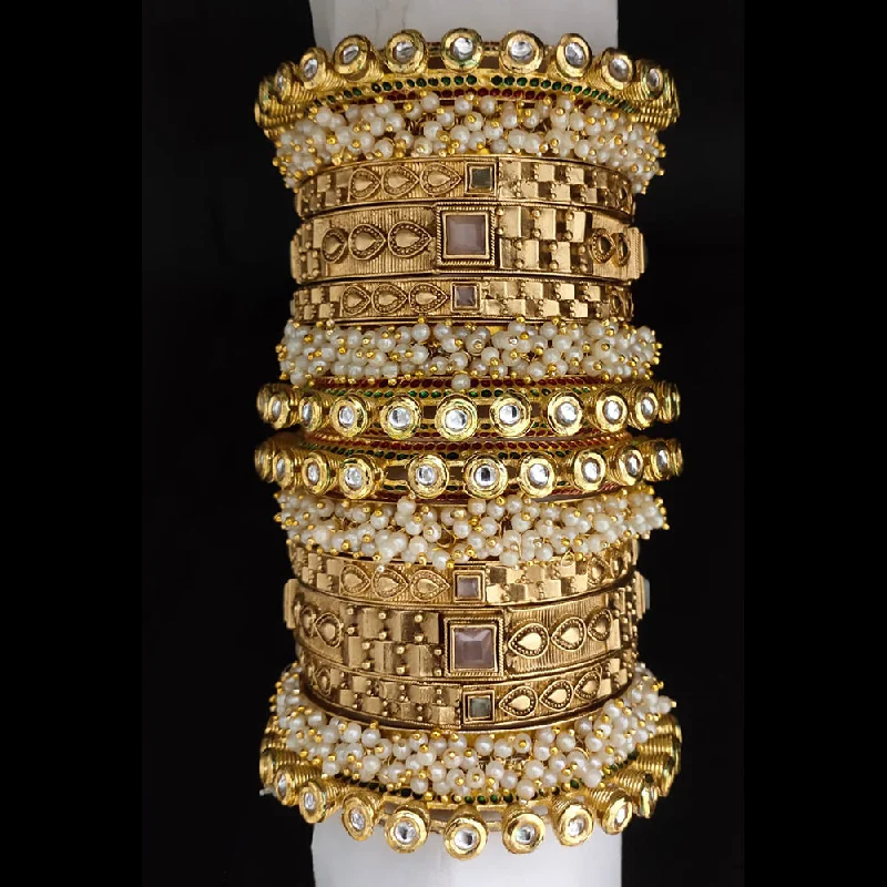 multi-stone ladies bracelet-Lucentarts Jewellery Gold Plated Kundan And Pearl Bangles Set