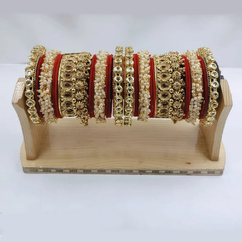 multi-layer fashion ladies bracelet-Akruti Collection Gold Plated Kundan Stone And Pearl Bangles Set