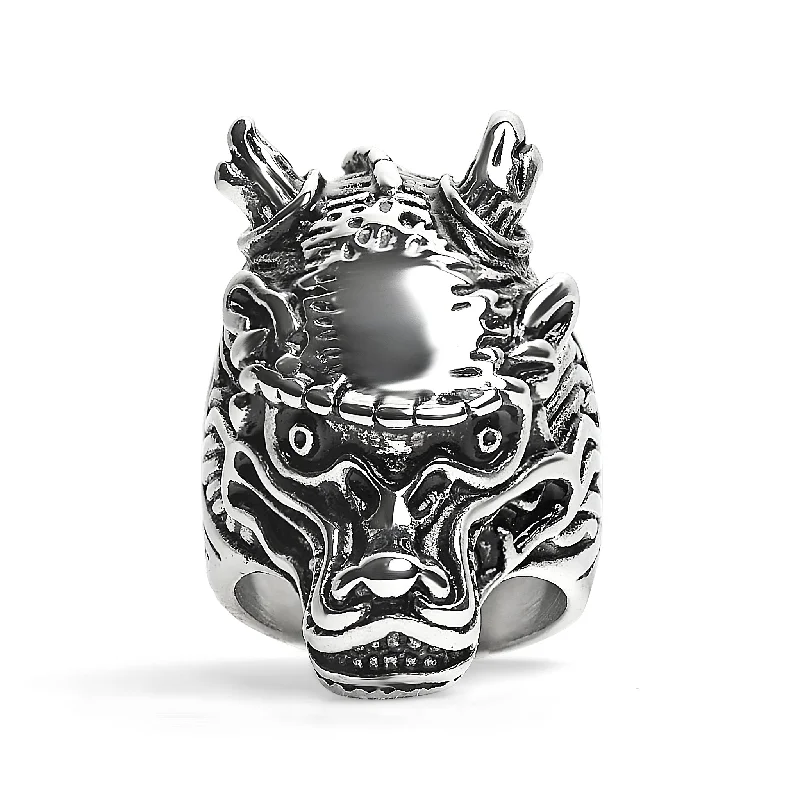 solitaire ladies ring-Stainless Steel Eastern Dragon Head Ring / SCR4032