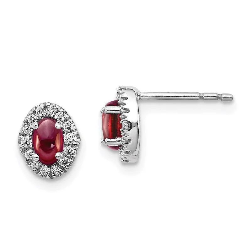 engraved zodiac ladies earrings-14k White Gold Diamond & Cabochon Garnet Earrings