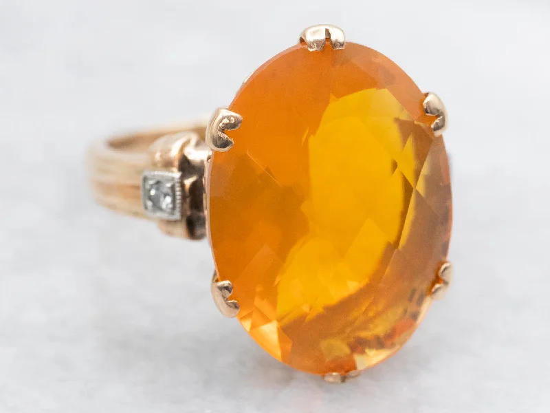 oversized chunky engagement ring for women-Mid-Century Fire Opal and Diamond Ring