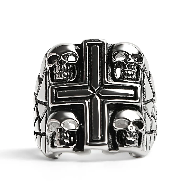 blue sapphire ladies ring-Stainless Steel Polished Multi Skull Cross Signet Ring / SCR3036