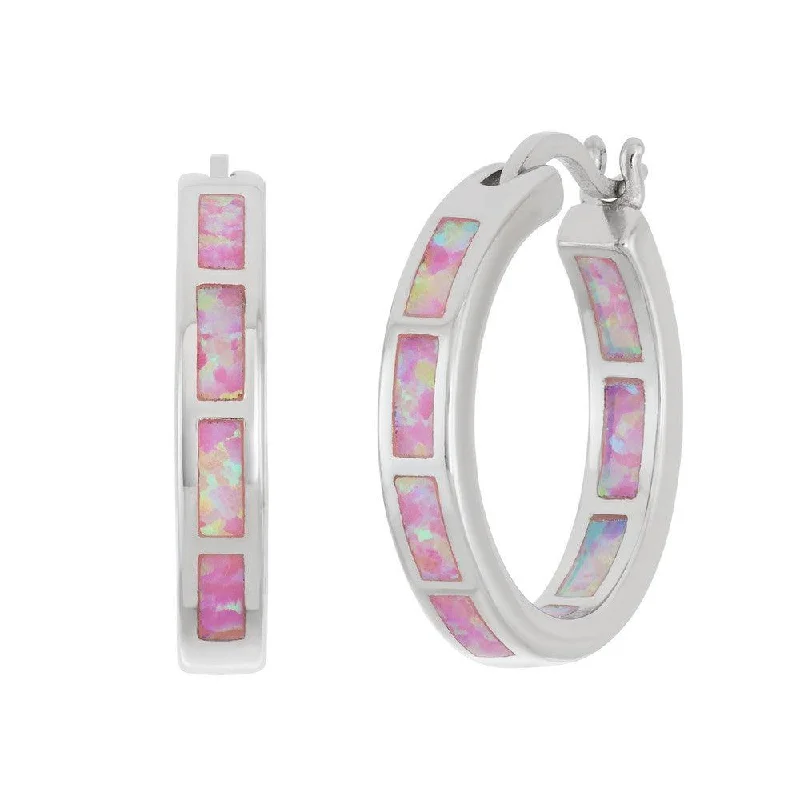 unique handmade ladies earrings-Sterling Silver Pink Inlay Opal Hoop Earrings