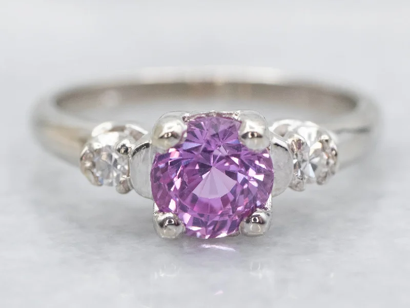 baroque-style engagement ring for women-Three Stone Pink Sapphire and Diamond Ring