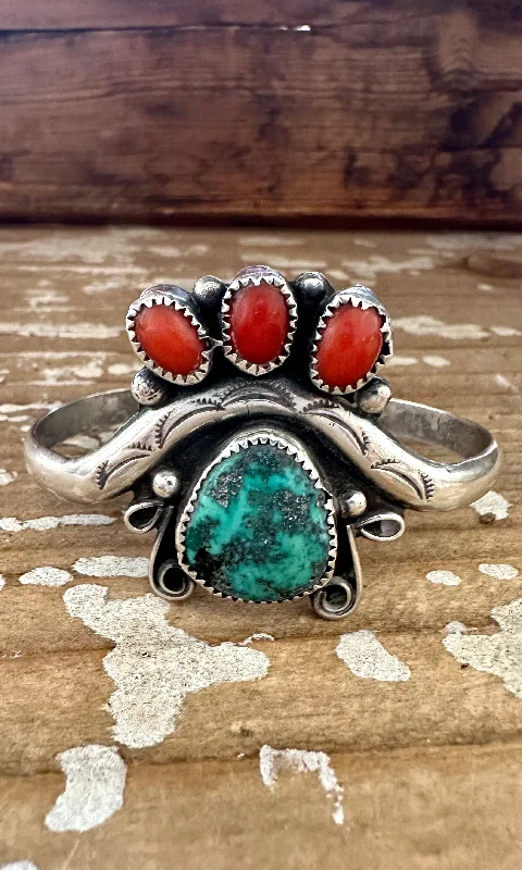 heirloom-inspired ladies bracelet-SEE THROUGH Sterling Silver, Coral, Turquoise Cuff 22g