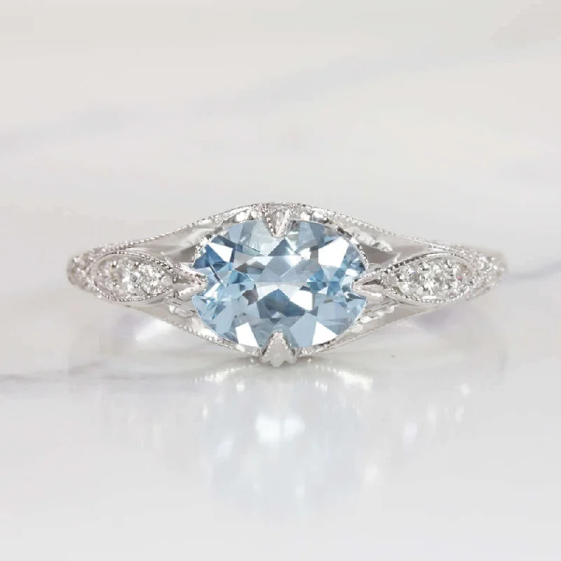 blue topaz engagement ring for women-1ct NATURAL AQUAMARINE DIAMOND RING OVAL VINTAGE STYLE WHITE GOLD BLUE EAST WEST