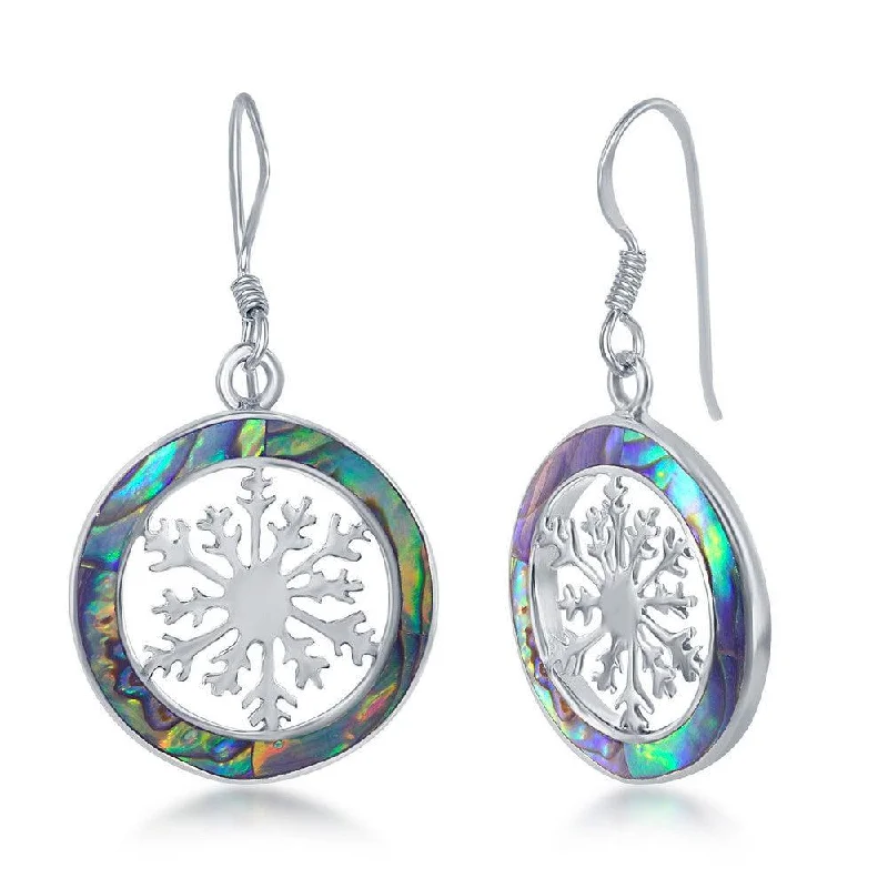 platinum diamond ladies earrings-Sterling Silver Snowflake Round Earrings - Abalone