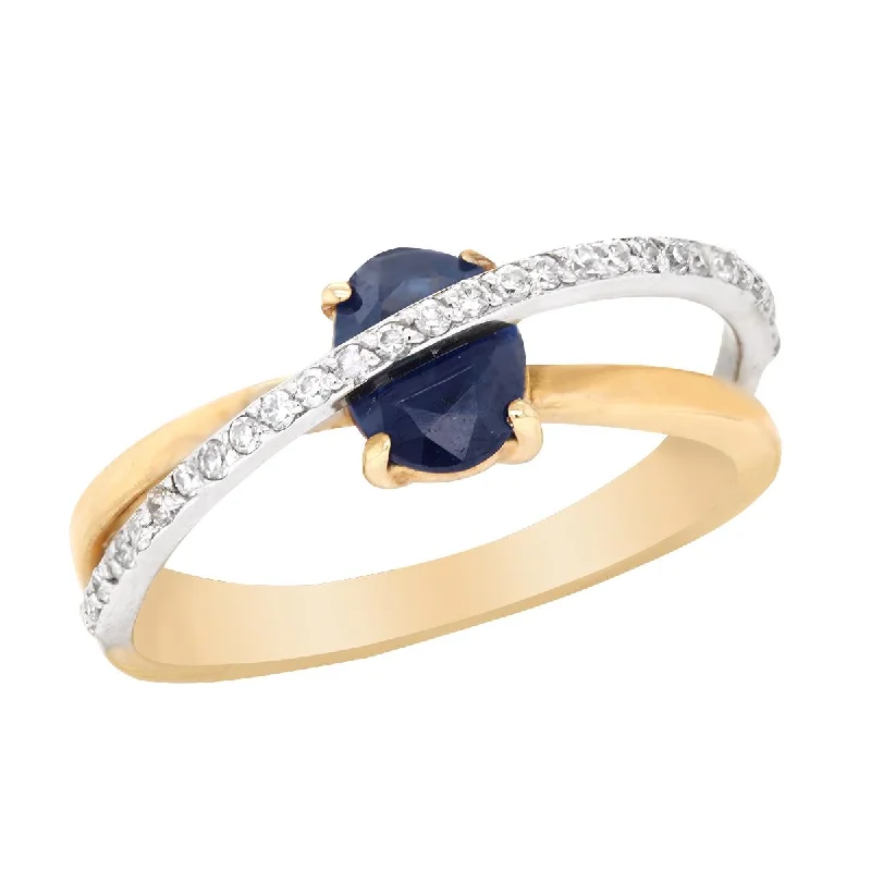 pear-shaped ladies ring-TWO-TONE GOLD FASHION RING WITH OVAL CUT SAPPHIRE, .15 CT TW